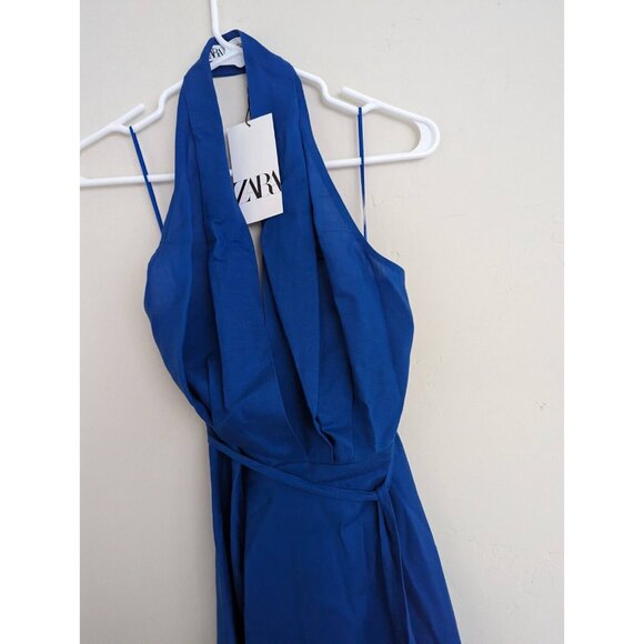 ZARA WOMAN LINEN BLEND HALTER DRESS INK BLUE XS S M L | 4786/293 NWT - Picture 13 of 15